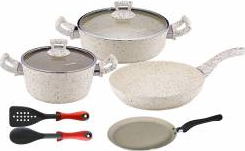 Set 8 piese Hascevher Germanitium oala 3l cu capac cratita 3 9l cu capac si 2 tigai 22cm si 26cm blinele granit-crem ind 