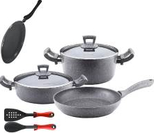 Set 8 piese Hascevher Germanitium oala 3l cu capac cratita 3 9l cu capac si 2 tigai 22cm si 26cm blinele granit-gri 