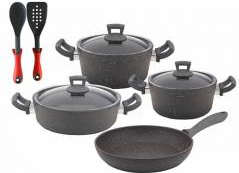 Set 9 piese Hascevher Germanitium 2 oale 3l si 4 9l cu capac cratita 3 9l cu capac si tigaie 22cm granit-gri li 