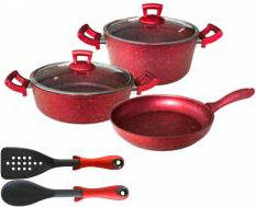 Set 7 piese Hascevher Germanitium oala 3l cu capac cratita 3 9l cu capac si tigaie 22cm granit-red lingura serv 