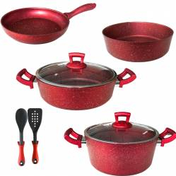 Set 8 piese Hascevher Germanitium oala 3l cu capac cratita 3 9l cu capac si tigaie 22cm si tava rotunda30cm granit-red 
