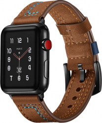 Curea pentru Apple Watch Piele Naturala Leather Loop Compatibila cu Apple Watch 1/2/3/4/5/6 Maro Deschis Cusatura Albastra 38 mm 