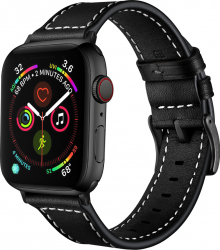 Curea pentru Apple Watch Piele Naturala Leather Loop Compatibila cu Apple Watch 1/2/3/4/5/6 Negru Cusatura Alba 40 mm 