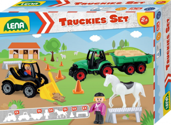 LENA TRUCKIES - SET FERMA - TRACTOR CU REMORCA BULDOZER CALUT SI ACCESORII 