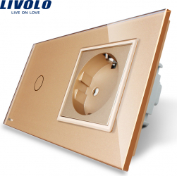 Intrerupator simplu cap scara cap cruce + priza simpla Livolo rama din sticla Auriu 