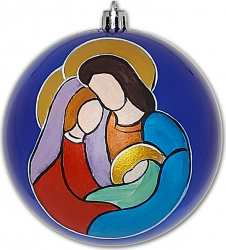 Globulet ArtDeco pentru bradul de Craciun din plastic albastru cu Sfanata Familie pictat manual in culori acrilice diametrul de 10 cm 
