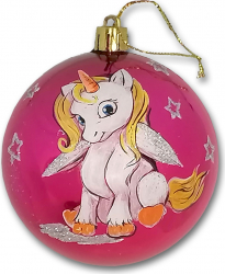 Globulet ArtDeco pentru bradul de Craciun din plastic roz cu Unicorn pictat manual in culori acrilice cu diametrul de 8 cm 