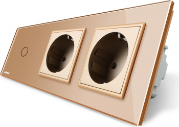 Intrerupator Livolo simplu cap scara cap cruce cu touch si 2 prize din sticla Auriu 