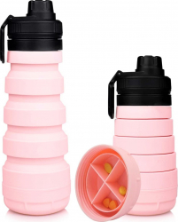 Sticla apa pliabila 19.5-26 cm silicon Pink 750 ml cu compartiment depozitare fara scurgeri fara BPA pentru calatorii sporturi activ 