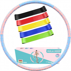 Set cerc fitness pentru antrenament gimnastica si slabit Hula Hoop 90 cm Roz/Albastru si 5 benzi elastice pentru antrenament Ideas4Comfor 