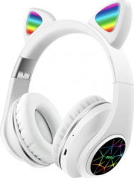 Casti wireless cu urechi de pisica si lumini multicolore bluetooth 5.0 Alb 