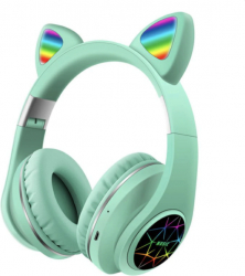 Casti wireless cu urechi de pisica si lumini multicolore bluetooth 5.0 Verde-Menta 