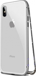 Husa pentru Apple iPhone X GloMax Perfect Fit Magnetica 360 grade Silver cu spate de sticla securizata premium + folie de sticla gratis 