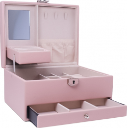 Cutie de bijuterii Rose Bijoux din piele ecologica eleganta cu sertar 23cm cu cheita si oglinda roz pudra Doty 