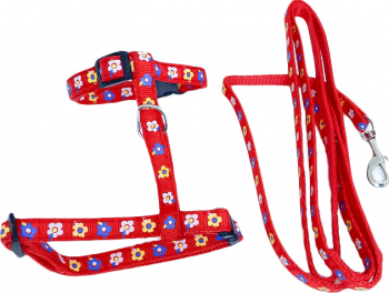 Ham cu lesa Jazzie pentru pisici iepuri si dihori de dimensiuni mici marime ajustabila design cu flori rosu Doty