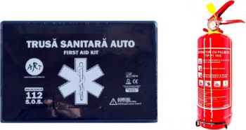 Kit siguranta rutiera - Trusa medicala auto prim ajutor + Stingator auto reincarcabil 1kg cu manometru 5 ani OMC 