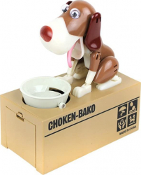 Pusculita automata Doggy Bank design comic interactiva funtioneaza cu baterii model catel maro Doty 