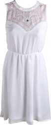 Rochie voal cu broderie si margele talie elastica 100 poliester Alb