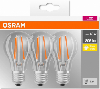 Set 3 becuri Led Osram E27 7W 806 lumeni lumina calda 2700K durata de viata 10.000 ore clasa energetica A++ 