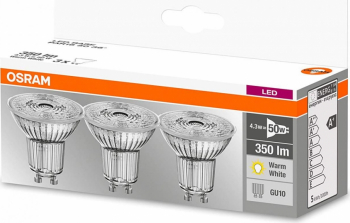 Set de 3 spot-uri Led Osram Par16 50 GU10 4.3W 50W lumina calda 2700K 350 lumeni 230V durata de viata 15000 ore clasa energetica A+ 