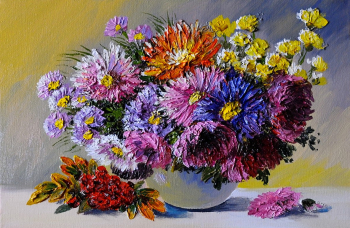 Tablou canvas Flori crizanteme mov pictura buchet 75 x 50 cm 