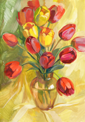 Tablou canvas Flori lalele rosii si galbene pictura buchet 50 x 75 cm 