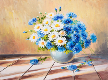 Tablou canvas Flori margarete alb albastru pictura buchet 45 x 30 cm 