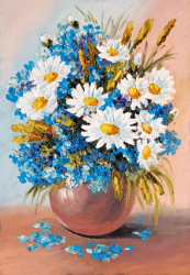 Tablou canvas Flori margarete alb albastru pictura buchet3 90 x 60 cm 