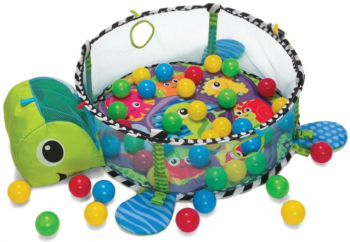 Centru de activitati 3 in 1 si saltea de joaca Broasca Testoasa pentru copii si bebelusi cu 4 jucarii si 30 de bile multicolore 