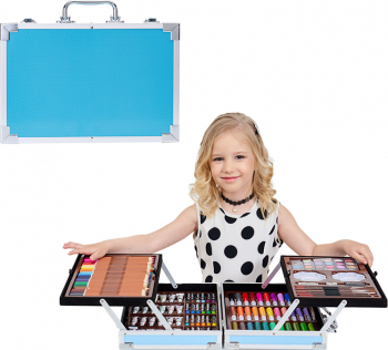 Set 145 piese pentru desen si pictura in geamantan albastru creioane colorate carioci acuarele