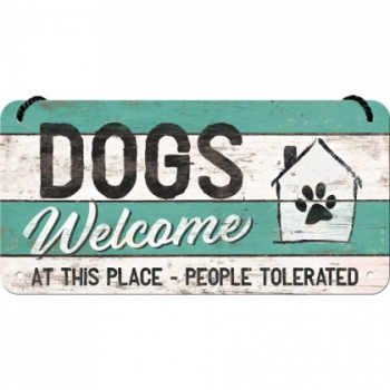 Placa metalica cu snur -Dogs welcome - 10x20 cm 