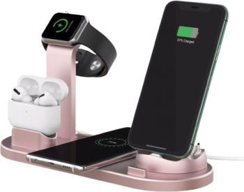 Incarcator wireless 3 in 1 statie de incarcare rapida 10 W pentru Apple iWatch AirPods Pro Samsung Galaxy culoare roz
