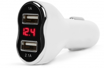 MNC - Adaptor de incarcare cu conectare la bricheta auto - 2 x USB cu voltmetru si ampermetru - alb