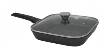 Tigaie Grill de 28 cm Suprafata marmorata Grosime 5 mm Maner detasabil Capac dn sticla Design atractibil Negru 