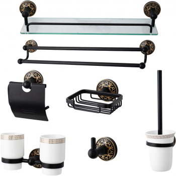 Set accesorii baie TRENDYS cu sapte piese negru auriu 