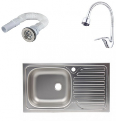 Set chiuveta masca inox anticalcar cuva dreapta Raulconstruct 80x50 cm baterie lebada flexibila cu sifon de scurgere 