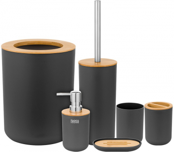 Set Accesorii de Baie 6 Piese din Otel Inoxidabil si Bambus Culoare Negru 