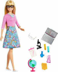 Papusa Barbie cu par blond si ochelari om de stiinta include glob pamantesc laptop dimensiune 20.5x7x32.5 cm 