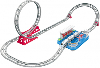 Set circuit tren de oras cu locomotiva si vagon imita sunete si lumini pentru copii