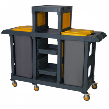 Carucior de curatenie cu capac 2 saci si compartimente pentru galeti si detergenti 166x53xh140cm 