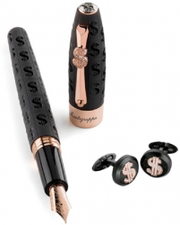 Set Montegrappa Stilou Gama Fortuna Cash Negru cu finisaje din aur rose si Butoni Cash Metal gun negru cu finisaje aur rose 