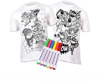 Set doua tricouri de colorat Super Hero si Om de zapada 6 carioci lavabile 3-4 ani 104 cm Splat Planet 