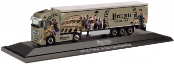 Macheta camion IVECO S-WAY cu semiremorca PERROTTI / GLADIATORE Lungime 18 cm Scara 1 87 Cutie de prezentare. 