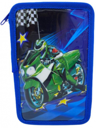 Penar scoala echipat 3D 3 compartimente 32 piese model motocross 19 cm albastru 