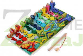 Puzzle Fishing toys - Joc de pescuit pestisori din lemn Montessori cu sortator - dinozauri cifre forme geometrice si cerculete 