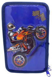 Penar scoala echipat 3D 3 compartimente 32 piese model motocicleta 19 cm albastru 