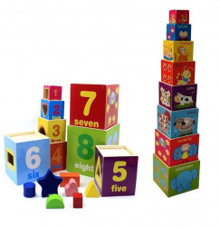 Turn Montessori 8 cuburi din lemn cu forme cifre si animale 7Toys 