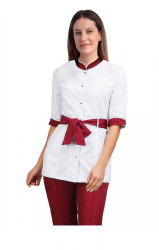 Costum medical dama halat alb cu capse si pantaloni grena cu elastic tercot L