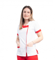 Halat medical dama maneca scurta inchidere cu fermoar cu insertii rosii tercot L alb 