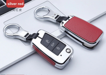 Carcasa aluminiu cu piele rosie pentru cheie VW Polo Golf 7 mk7 Tiguan Seat Ibiza Leon FR 2 Altea Ateca 